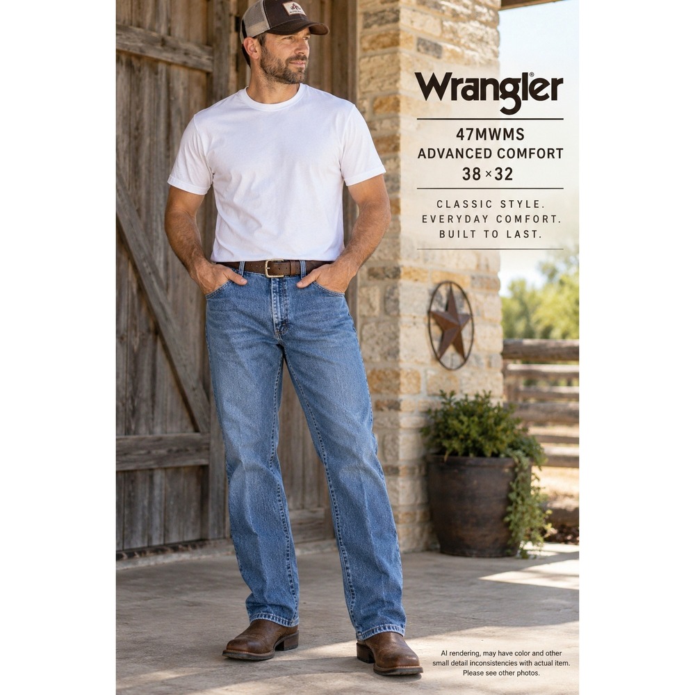 Wrangler 38x32 Advanced Comfort Jeans 47MWMS Medium Wash Western Denim